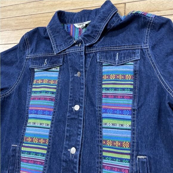 TANTRUMS Jean Jacket Women M Rainbow Boho Floral Tribal Aztec Western Blue Denim - Picture 4 of 16